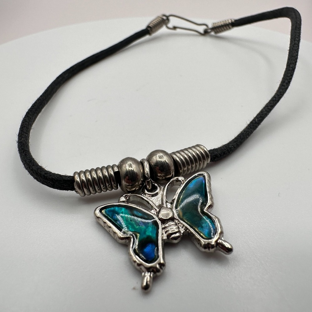 Vintage 90s Butterfly Bracelet Silver Tone Teal Inlay Boho Jewelry